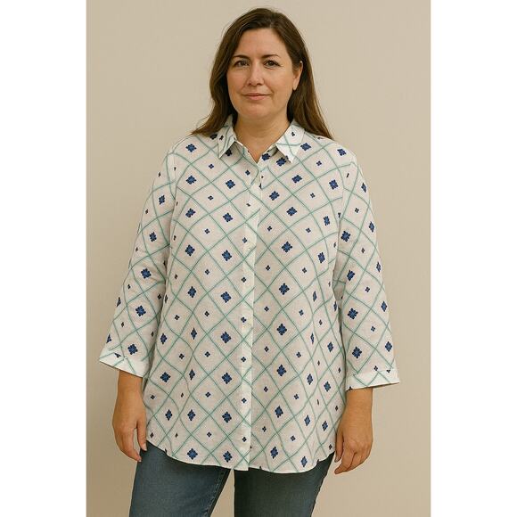 Women Button Up Blouse Shirt White Argyle resort breathable 100% Linen Size XL - Picture 1 of 8
